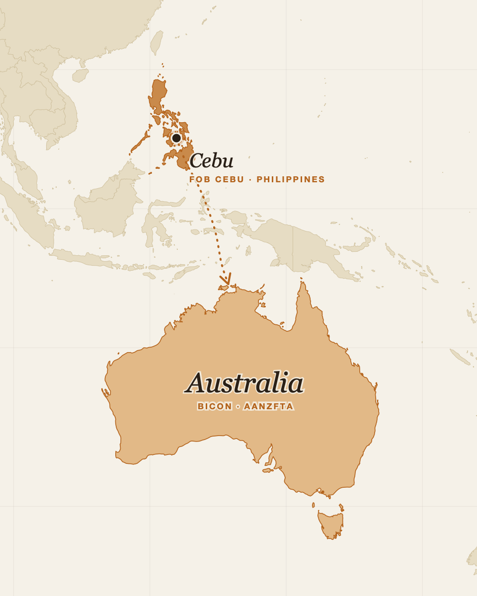 Map showing the route from Cebu, Philippines south towards Australia
