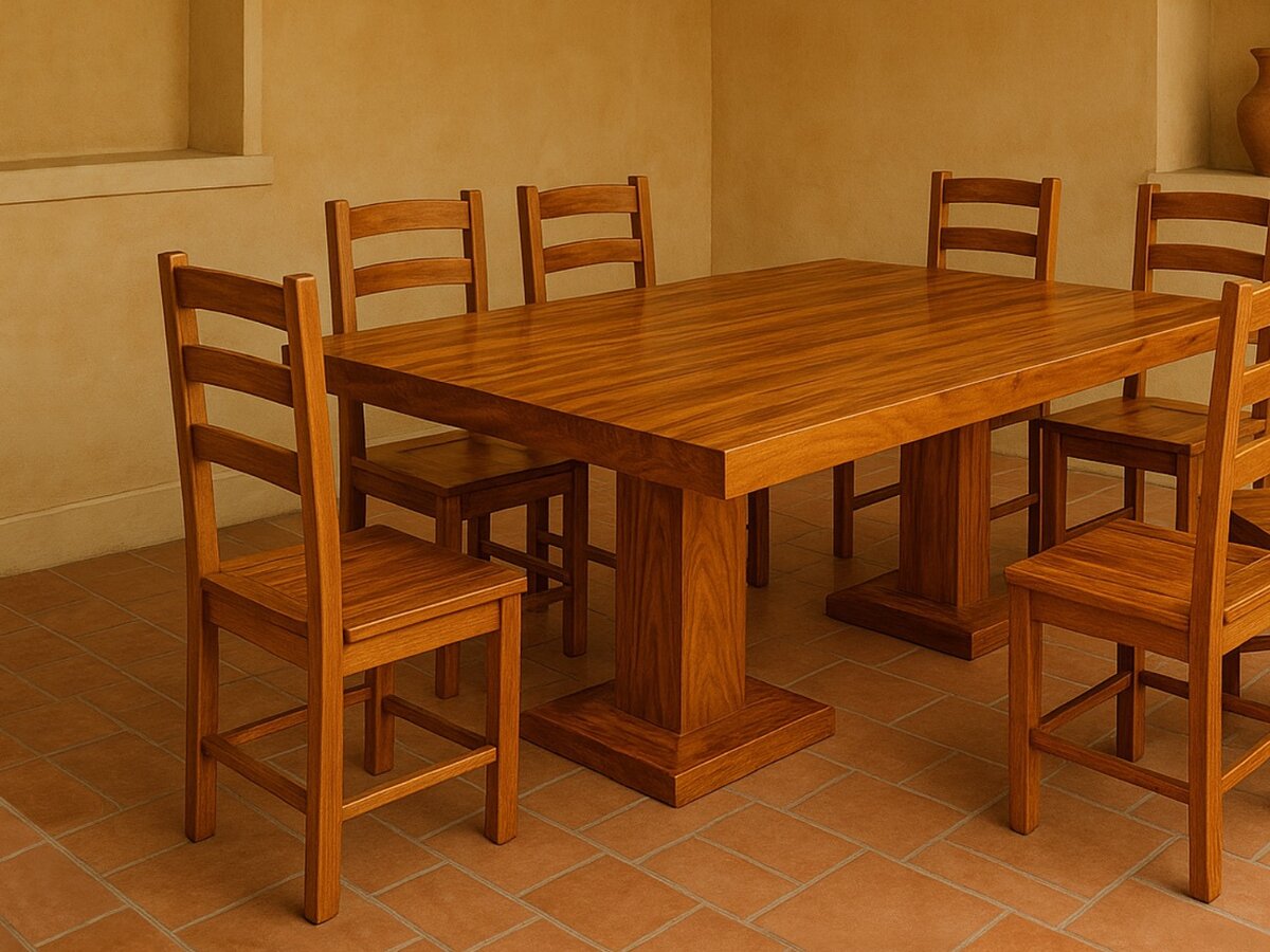 Solid hardwood Atanasio dining table with eight ladder-back chairs