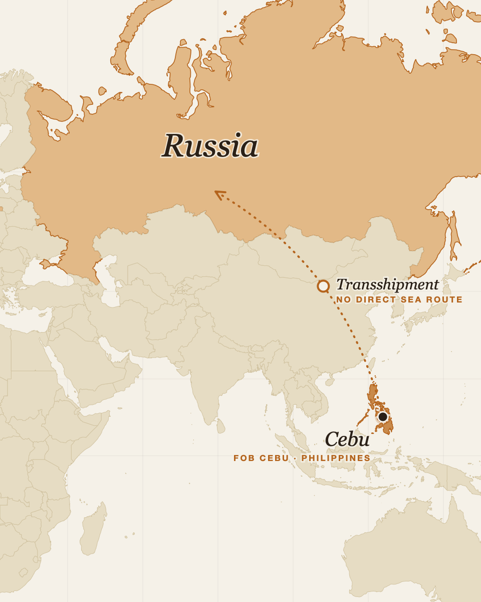 Map showing Cebu, Philippines and Russia, with no direct sea route between them
