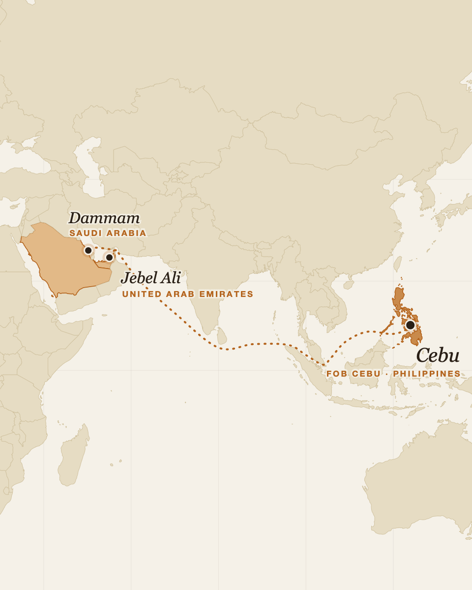Map showing the shipping route from Cebu, Philippines across the Indian Ocean to Jebel Ali in the UAE and Dammam in Saudi Arabia